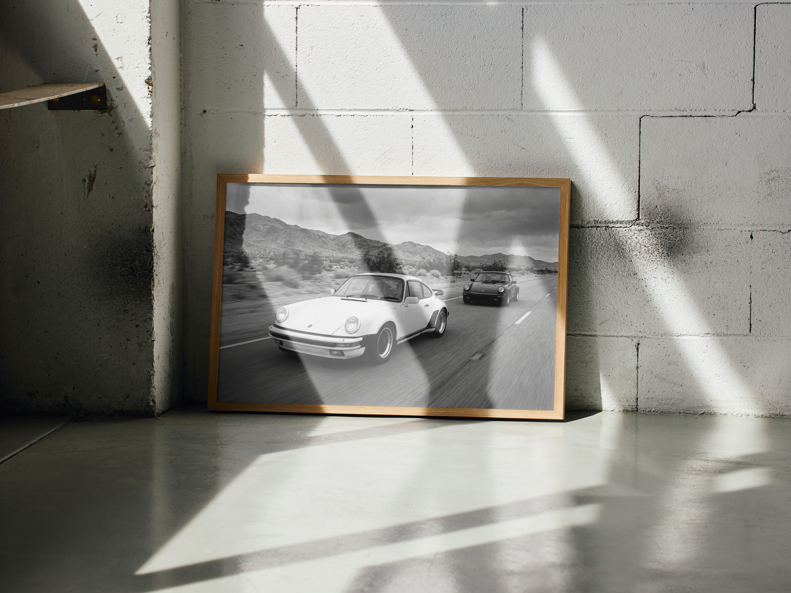 Two Porsche 911 – Black & White Racing Poster – interior view