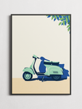 Vespa minimalist scooter poster framed on a wall
