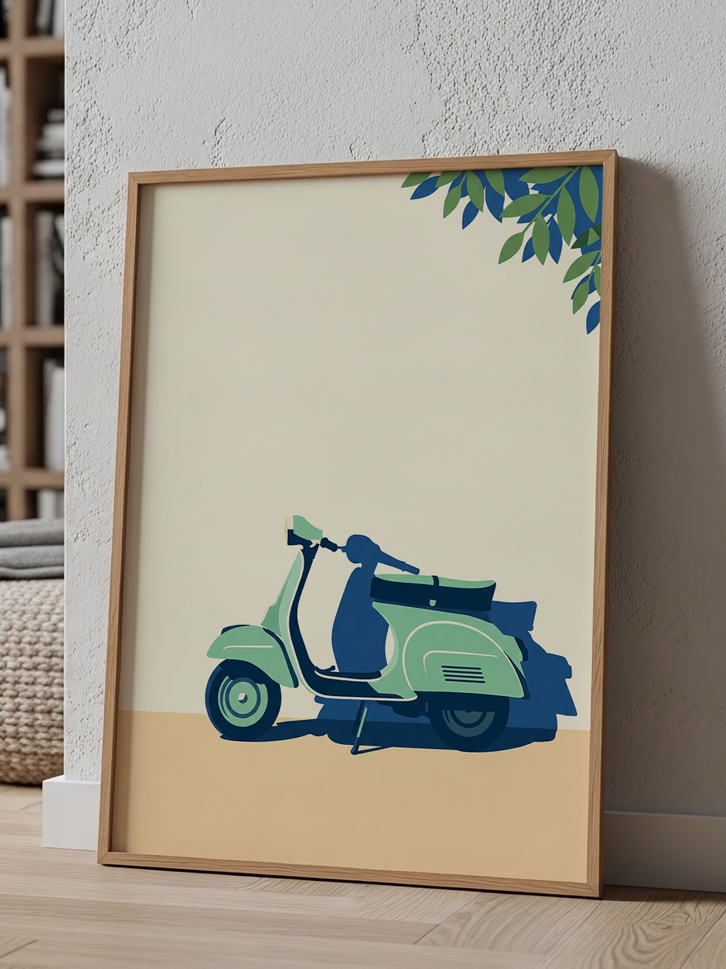 Vespa – minimalist poster of a mint-green scooter with a long blue shadow on a cream wall