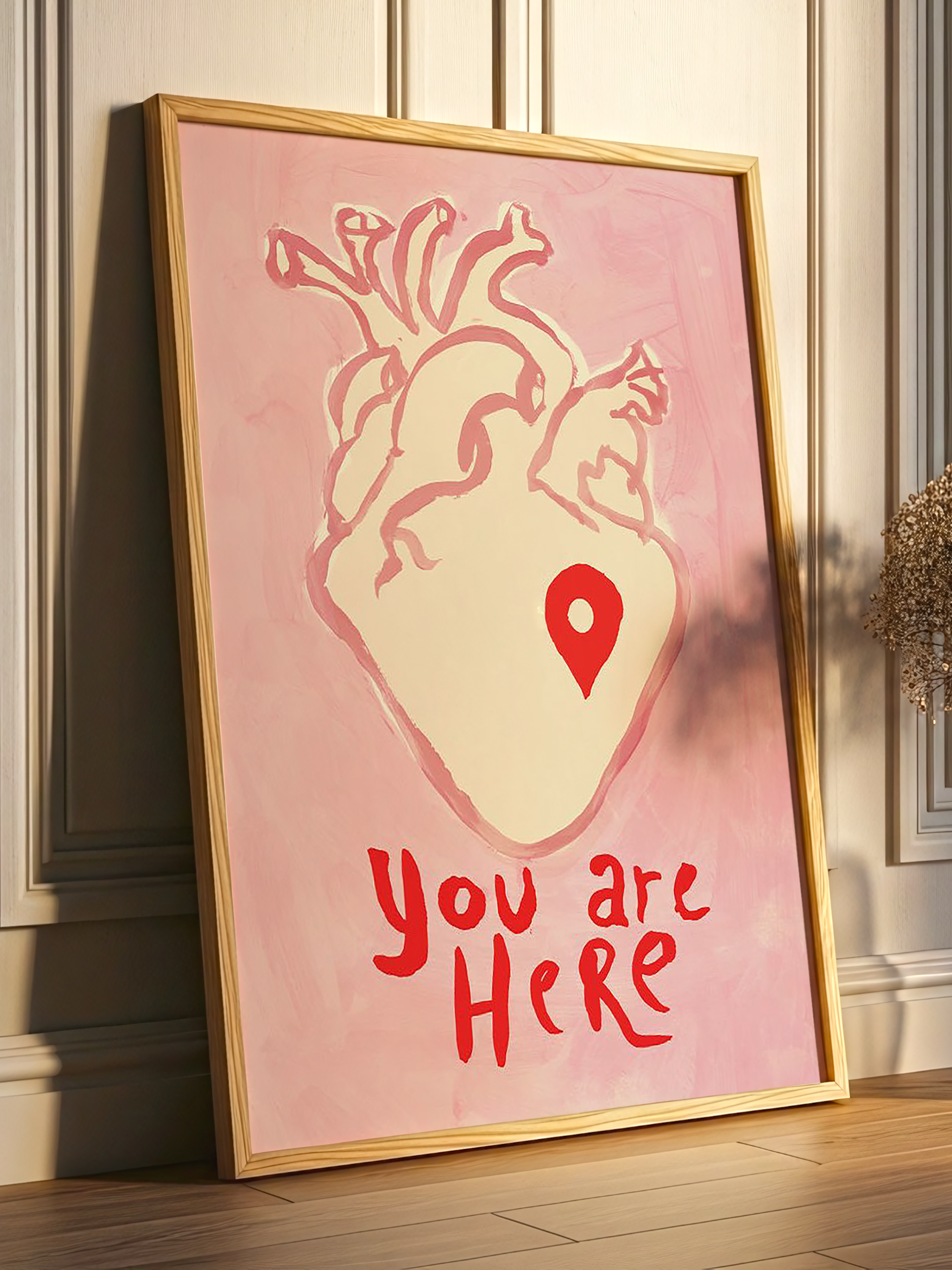 You Are Here typography art print with a heart motif in a minimalist style